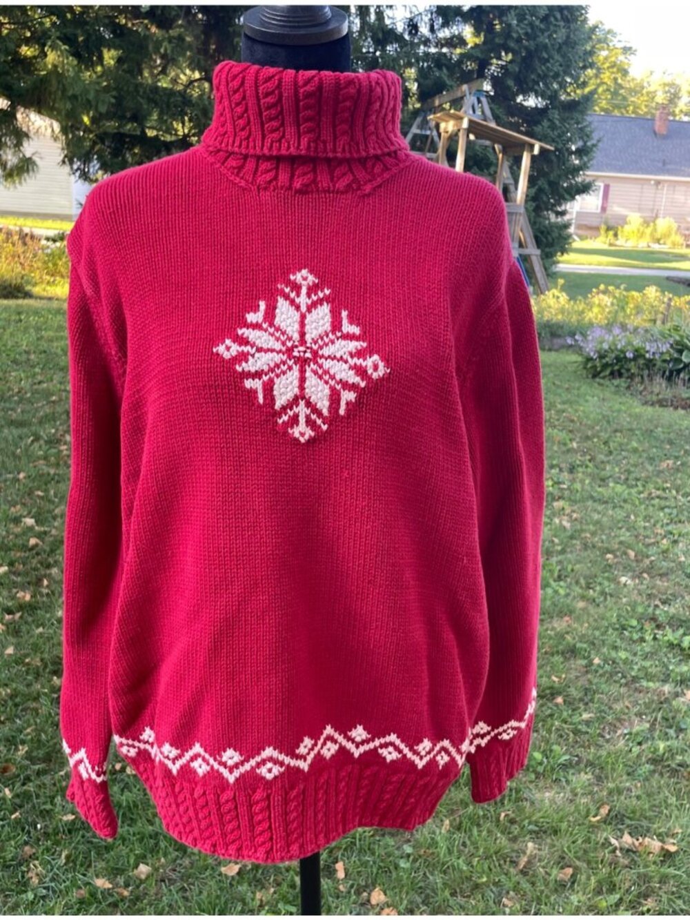 Vintage 90s Handmade Turtleneck Sweater Holiday Red Knit L Snowflake Grandma